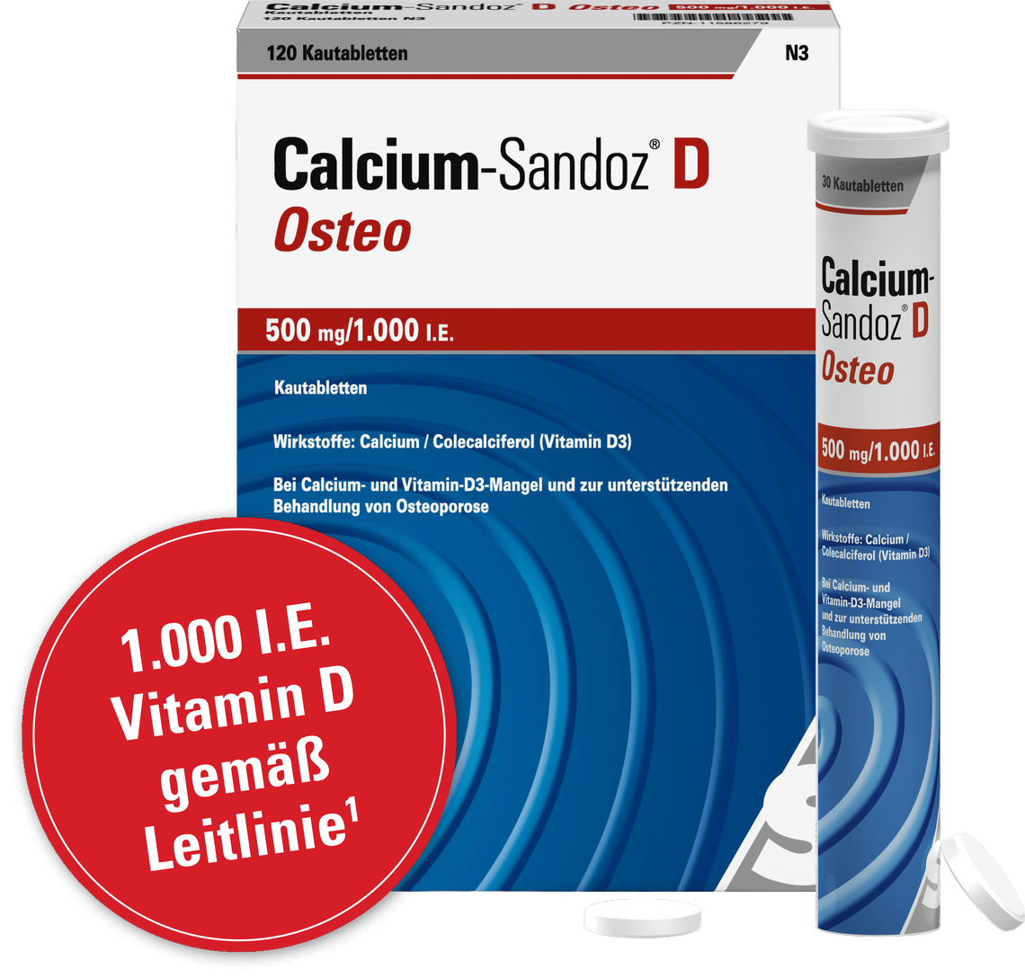 <span class="text-nowrap">Calcium-Sandoz<sup>&reg;</sup></span> D Osteo 500&nbsp;mg/ 1000&nbsp;I.E. Kautabletten – den Knochen zuliebe
