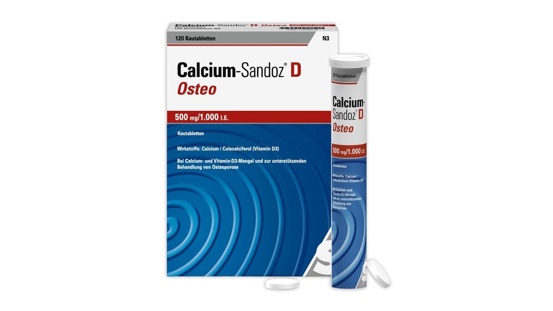 <span class="text-nowrap">Calcium-Sandoz<sup>&reg;</sup></span> D Osteo 500&nbsp;mg/ 1000&nbsp;I.E. Kautabletten – den Knochen zuliebe